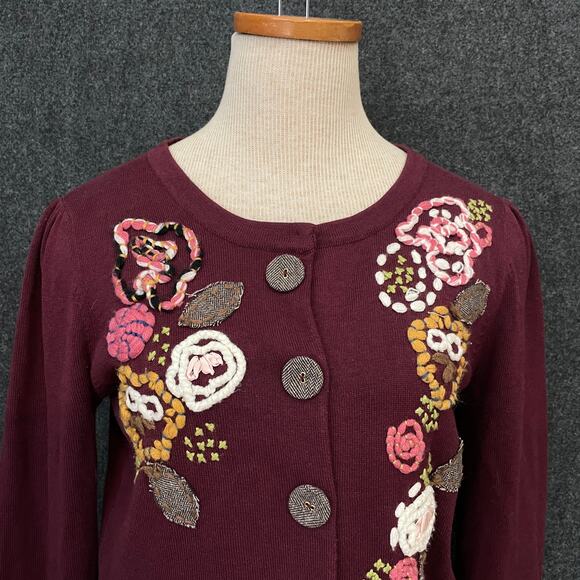 Anthropologie Knitted Dove Embroidered Cardigan Burgundy  Sweater Size M - Picture 2 of 15